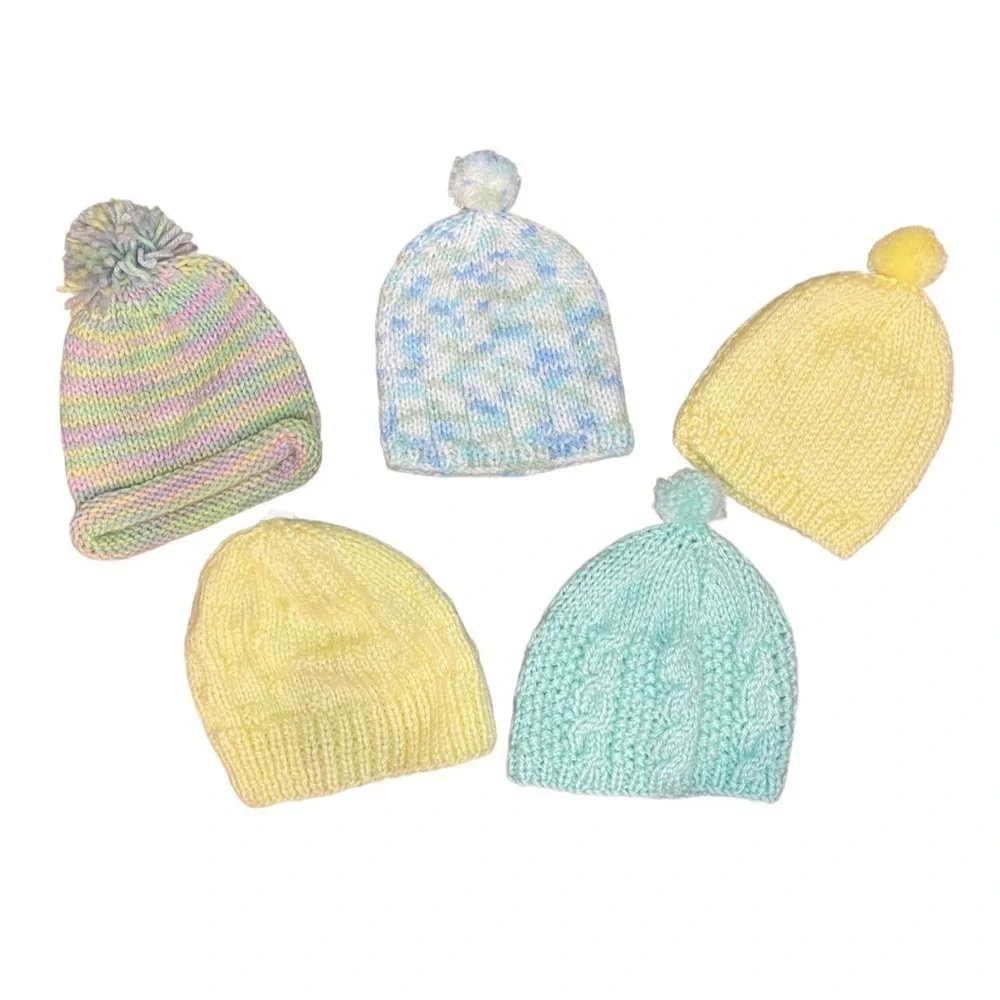 Bundle of Five 5 Newborn Handmade Crotchet Baby Beanie Hats Multicolor